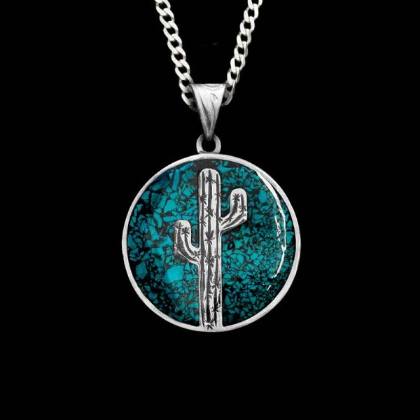 Wear a piece of the Wild West with this custom pendant! With a German Silver cactus silhouette standing tall against a vibrant turquoise backdrop that's as wide and beautiful as the Texas sky. Customize with your favorite color crushed stones by clicking 